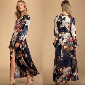 Lulus Navy Floral Long-Sleeve Satin Dress - Women’s Large